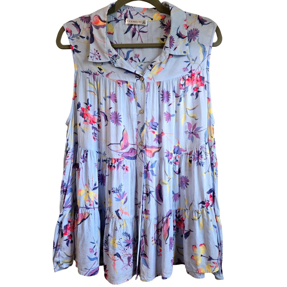 Retrology Womens Floral Tiered Sleeveless Button Down Top Blue Large Boho Fairy